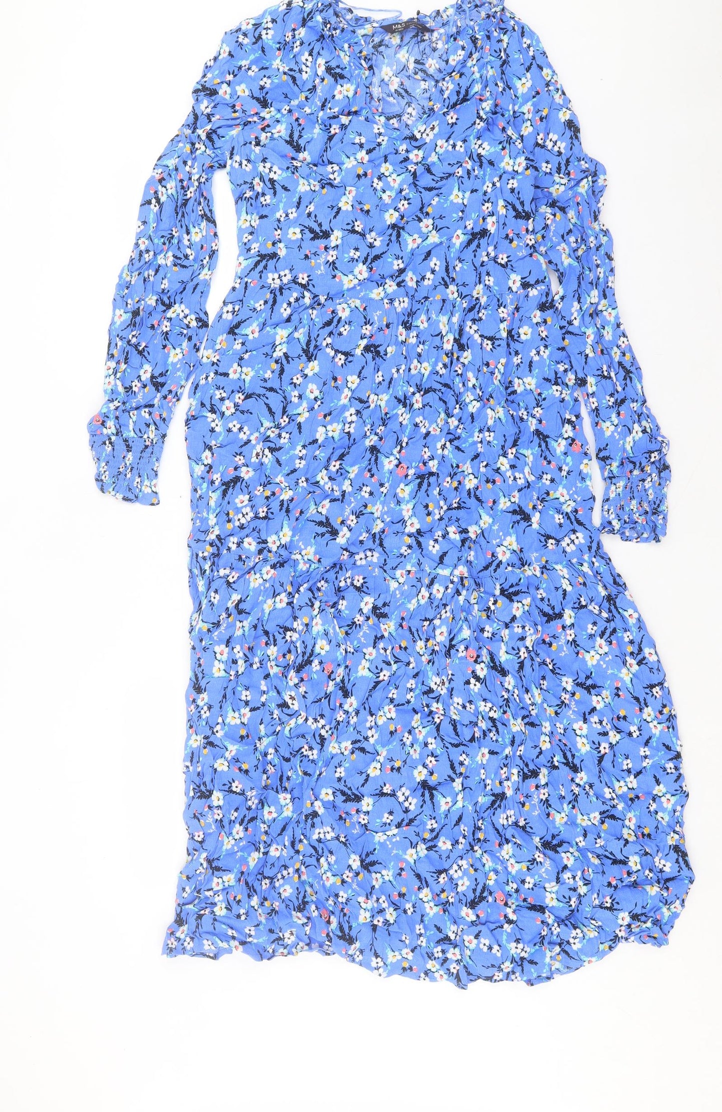 Marks and Spencer Womens Blue Floral Viscose A-Line Size 10 V-Neck Pullover