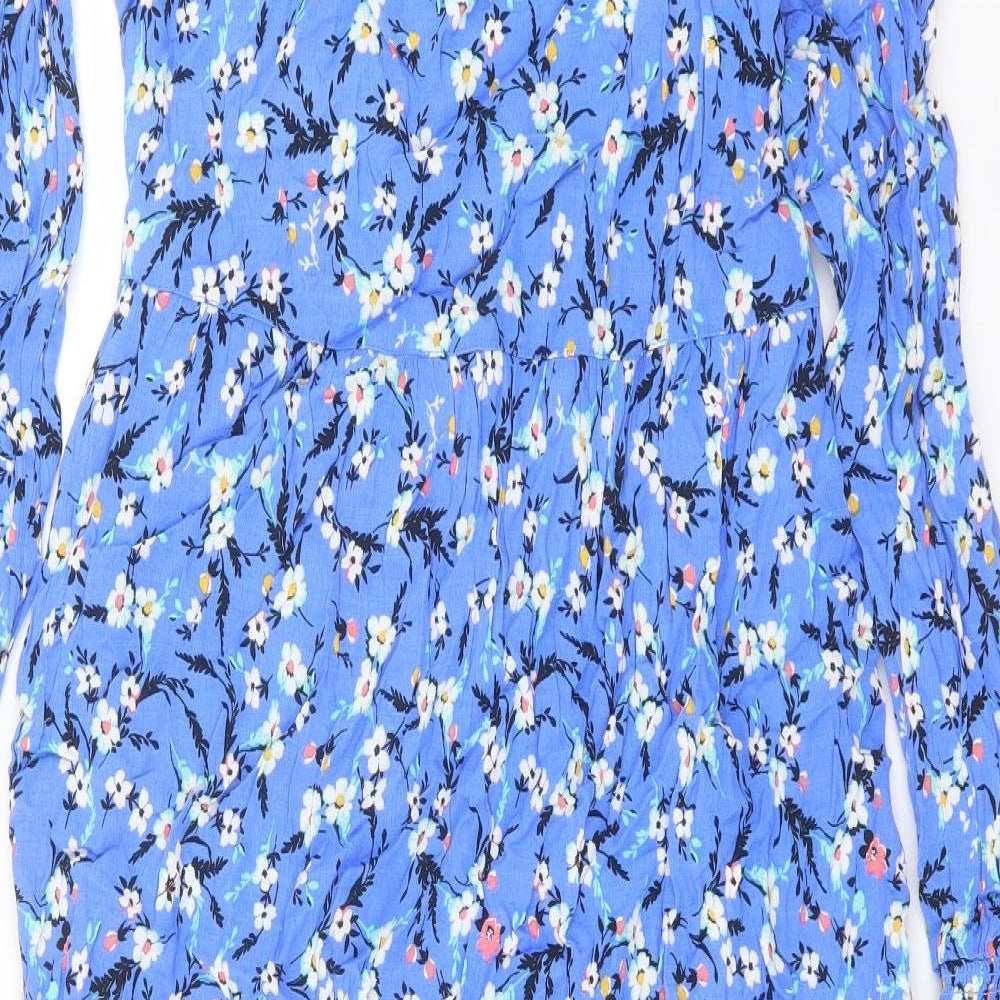 Marks and Spencer Womens Blue Floral Viscose A-Line Size 10 V-Neck Pullover