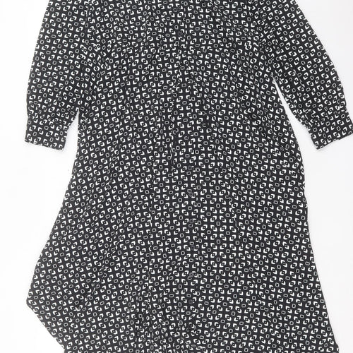Marks and Spencer Womens Black Geometric Polyester A-Line Size 6 Collared Button