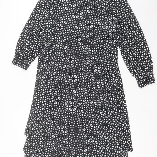Marks and Spencer Womens Black Geometric Polyester A-Line Size 6 Collared Button
