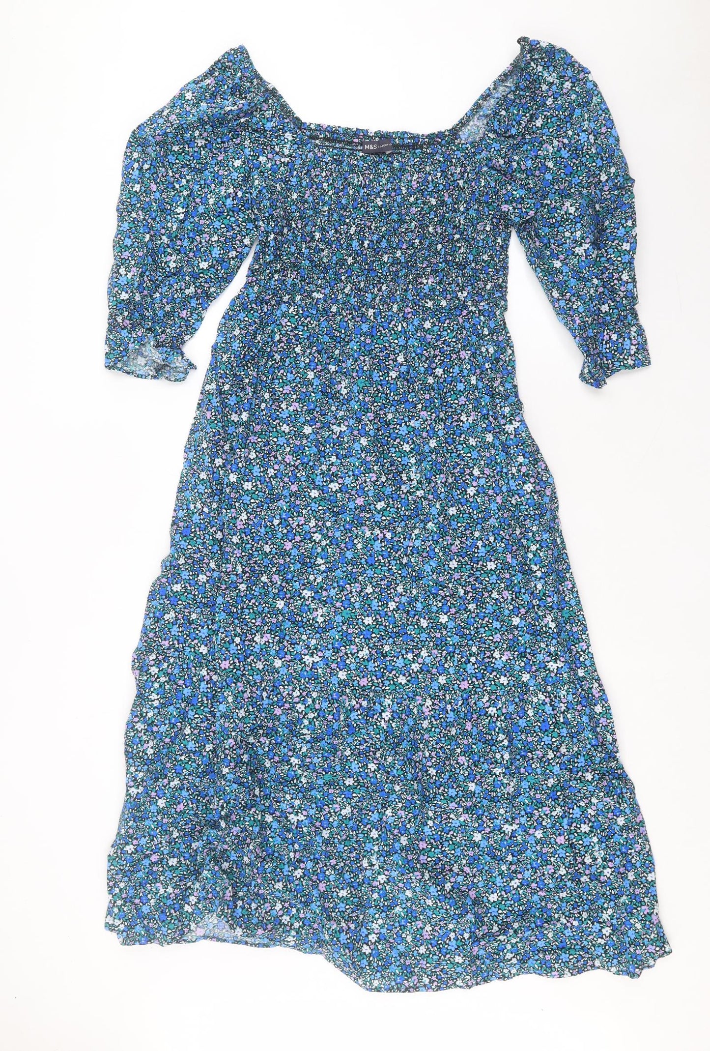 Marks and Spencer Womens Blue Floral Cotton A-Line Size 12 Square Neck Pullover