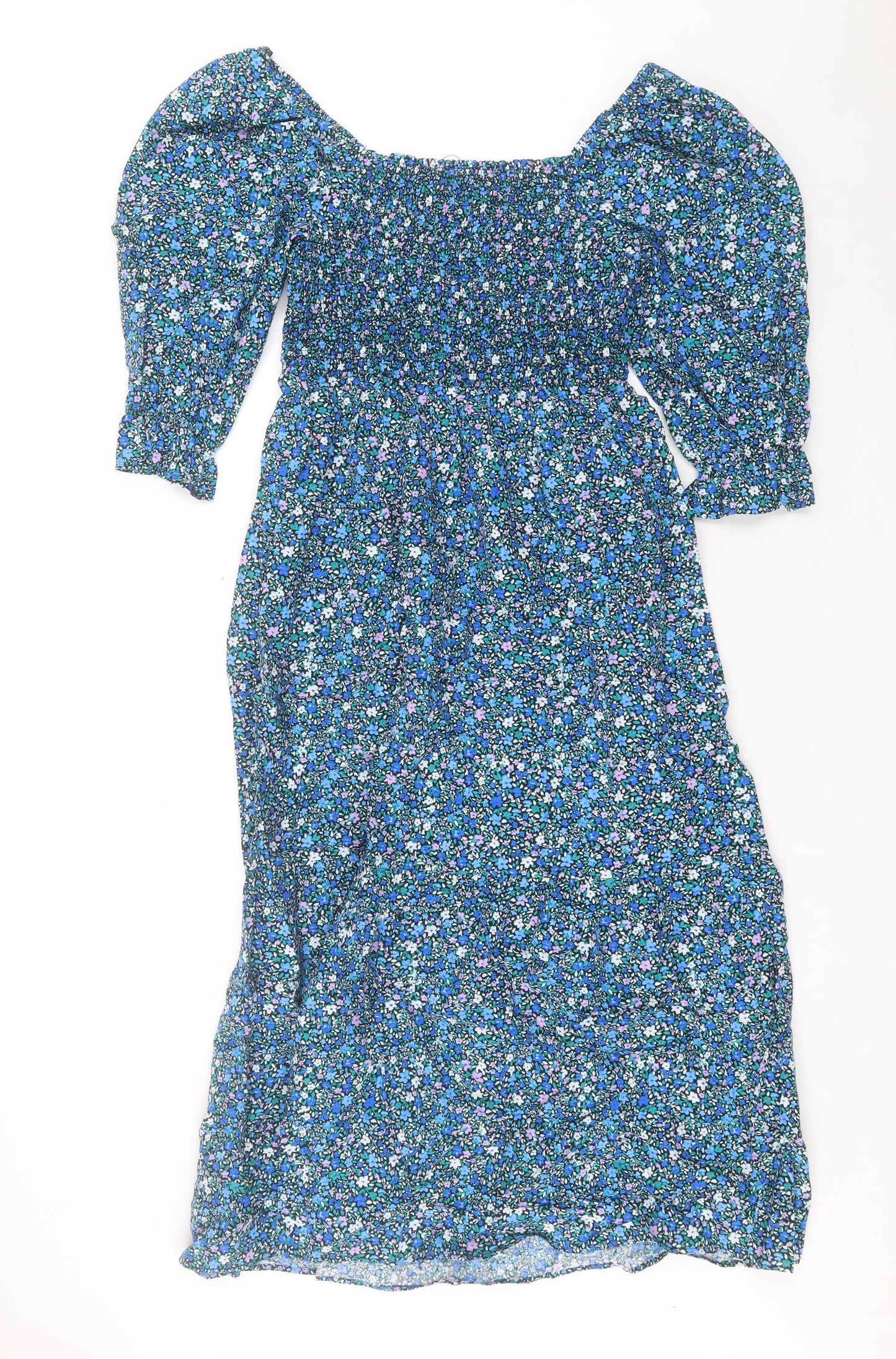 Marks and Spencer Womens Blue Floral Cotton A-Line Size 12 Square Neck Pullover