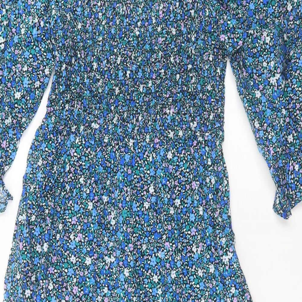 Marks and Spencer Womens Blue Floral Cotton A-Line Size 12 Square Neck Pullover