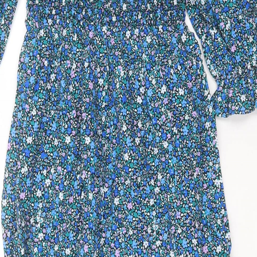 Marks and Spencer Womens Blue Floral Cotton A-Line Size 12 Square Neck Pullover