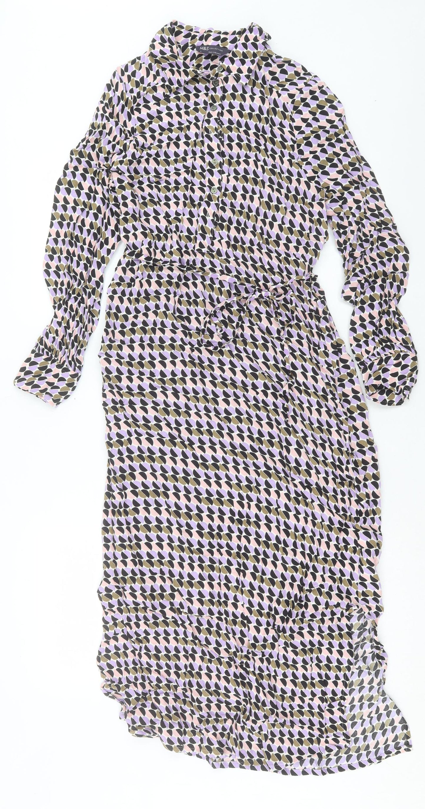 Marks and Spencer Womens Multicoloured Geometric Viscose A-Line Size 10 Collared Button
