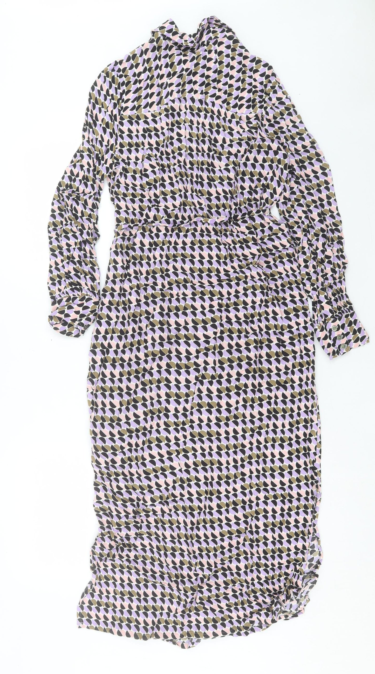 Marks and Spencer Womens Multicoloured Geometric Viscose A-Line Size 10 Collared Button