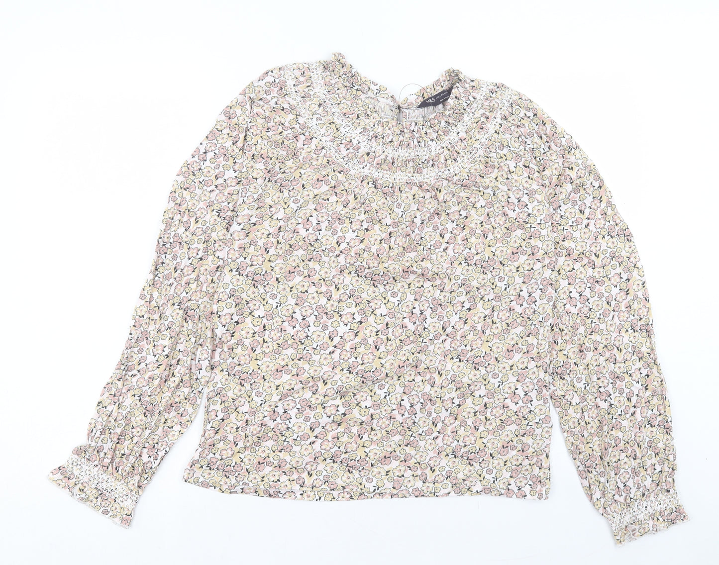 Marks and Spencer Womens Multicoloured Floral Cotton Basic T-Shirt Size 6 Crew Neck