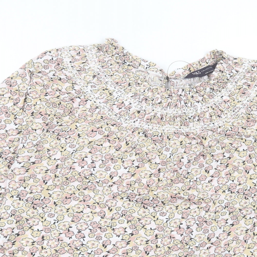 Marks and Spencer Womens Multicoloured Floral Cotton Basic T-Shirt Size 6 Crew Neck