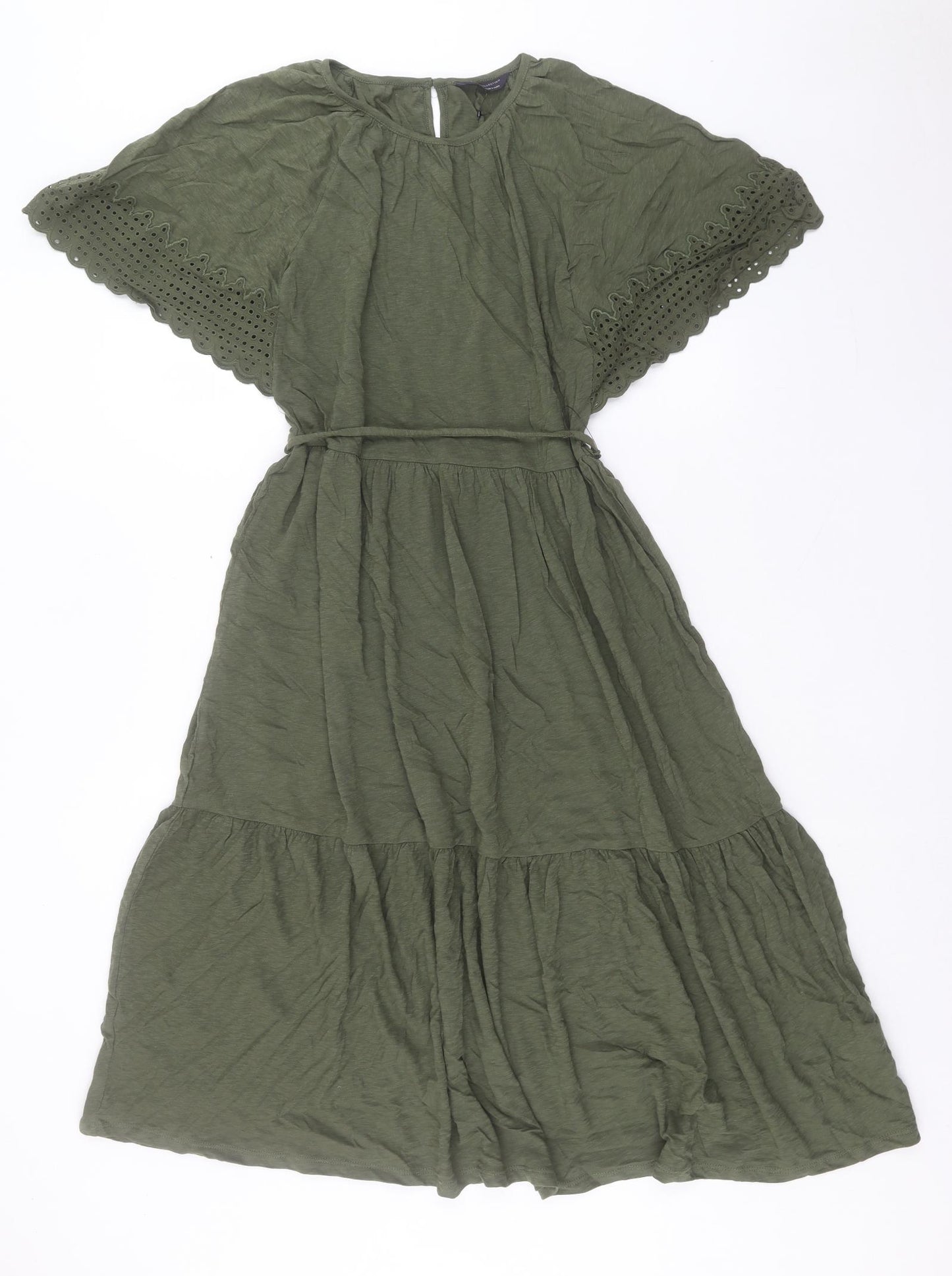 Marks and Spencer Womens Green Cotton A-Line Size 10 Crew Neck Button