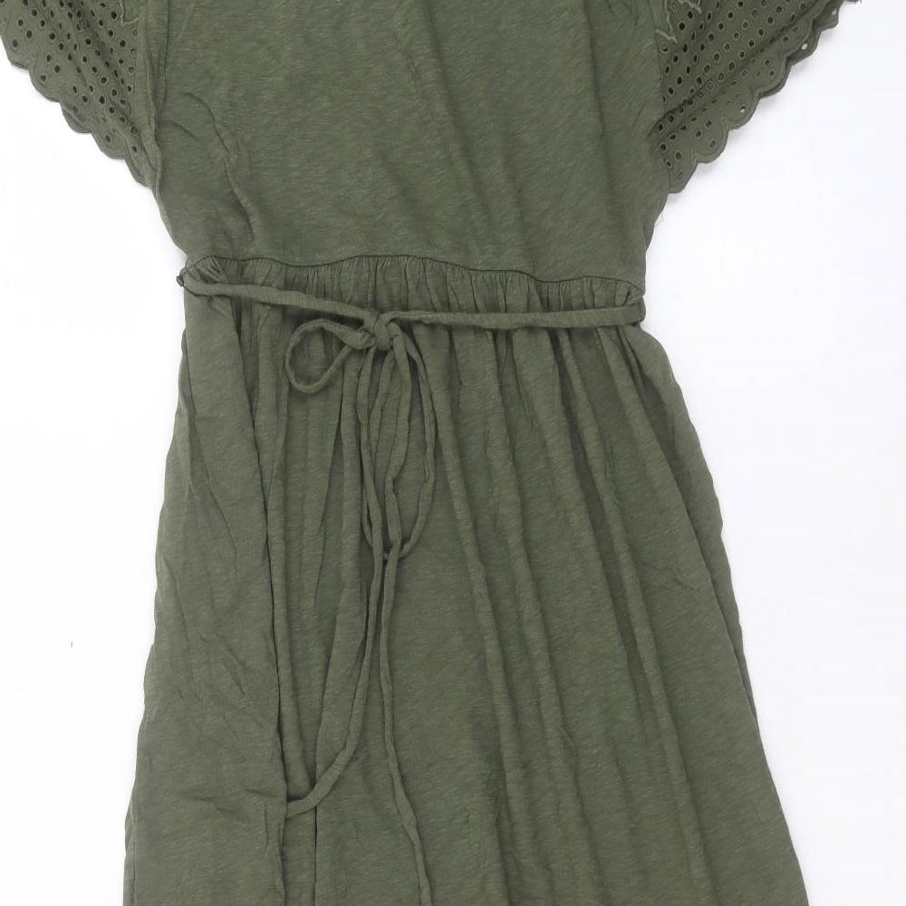 Marks and Spencer Womens Green Cotton A-Line Size 10 Crew Neck Button