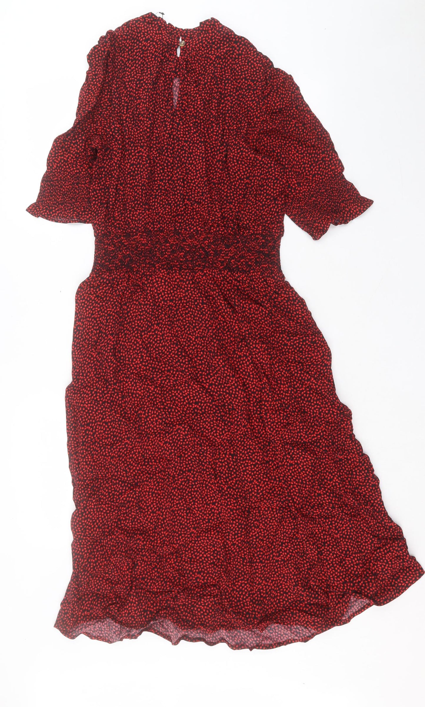 Marks and Spencer Womens Red Geometric Viscose A-Line Size 12 Crew Neck Button