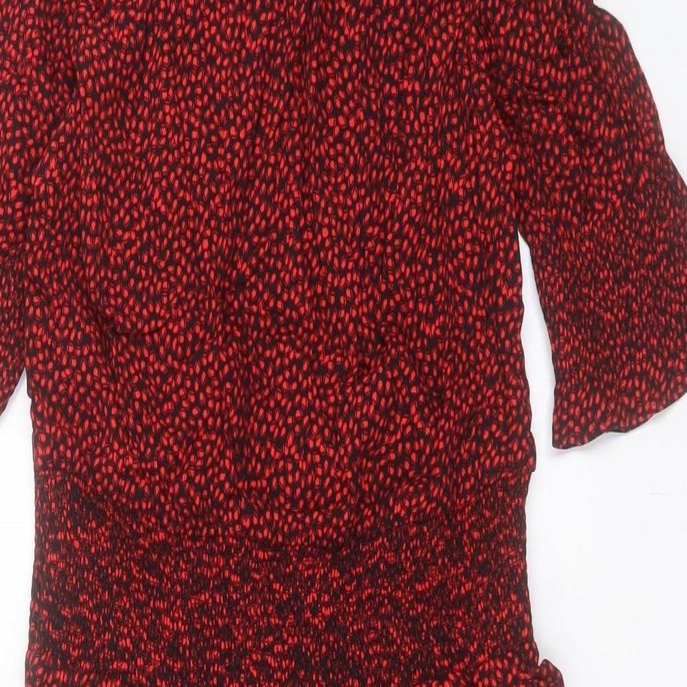 Marks and Spencer Womens Red Geometric Viscose A-Line Size 12 Crew Neck Button