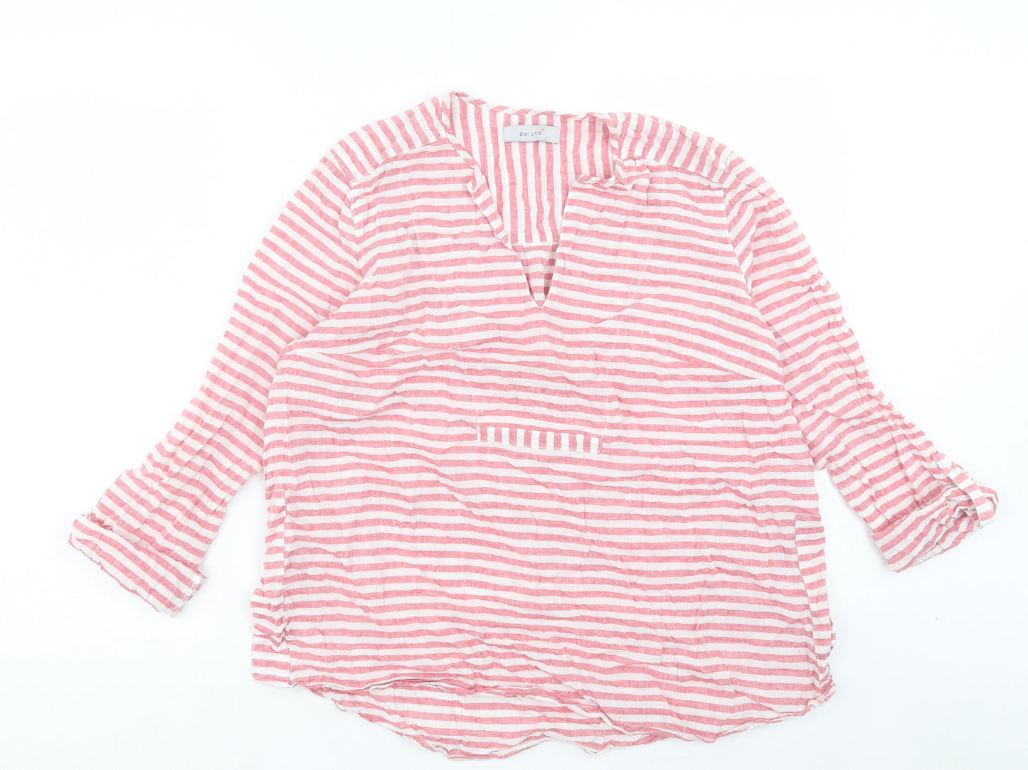 Per Una Womens Pink Striped Linen Basic T-Shirt Size 14 V-Neck