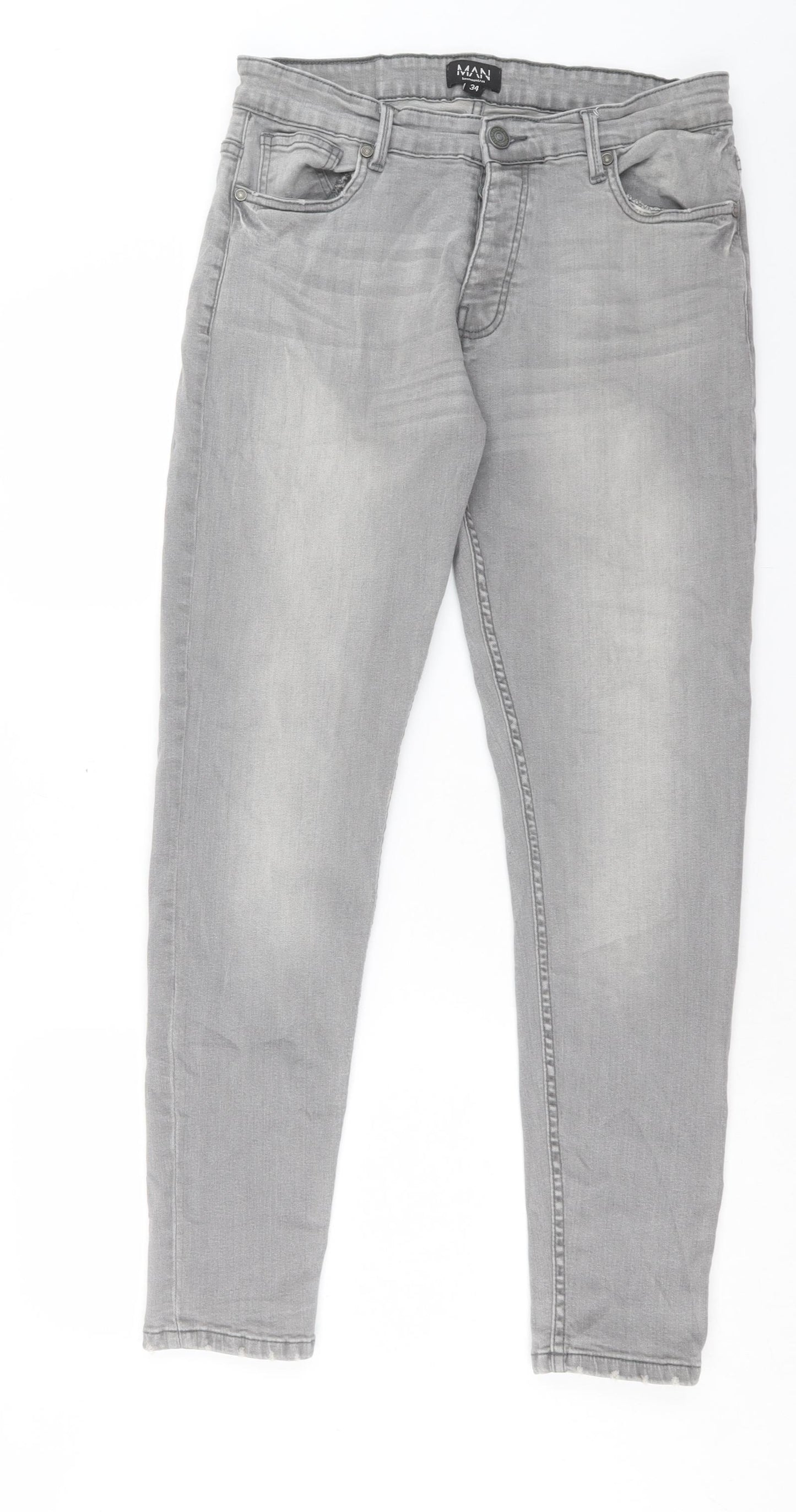 Boohoo Mens Grey Cotton Skinny Jeans Size 34 in L30 in Regular Button