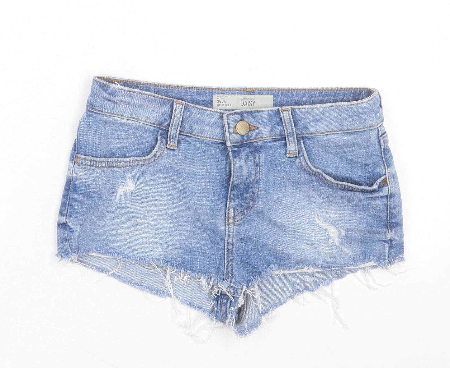 Topshop Womens Blue Cotton Hot Pants Shorts Size 6 Regular Button