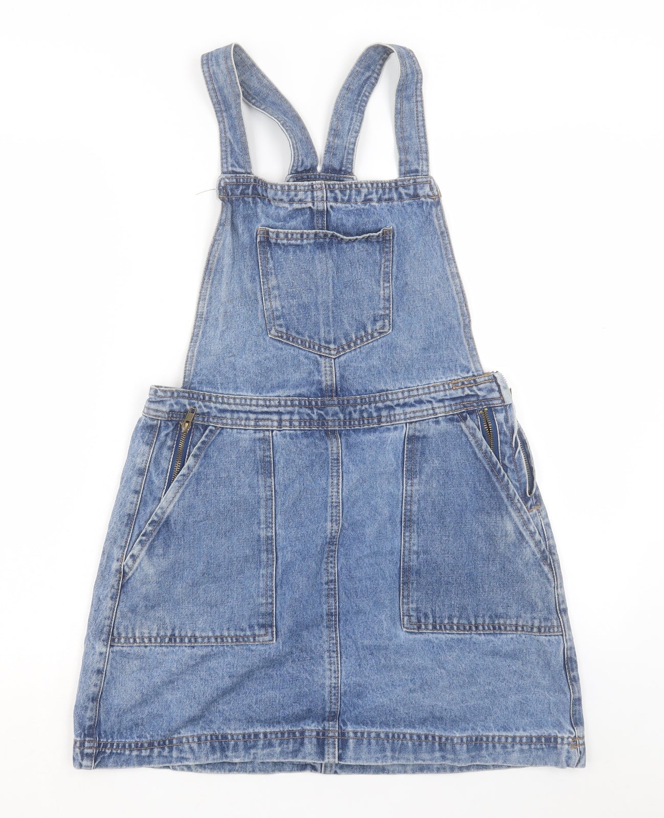 Denim & Co. Womens Blue Cotton Pinafore/Dungaree Dress Size 12 Square Neck Zip
