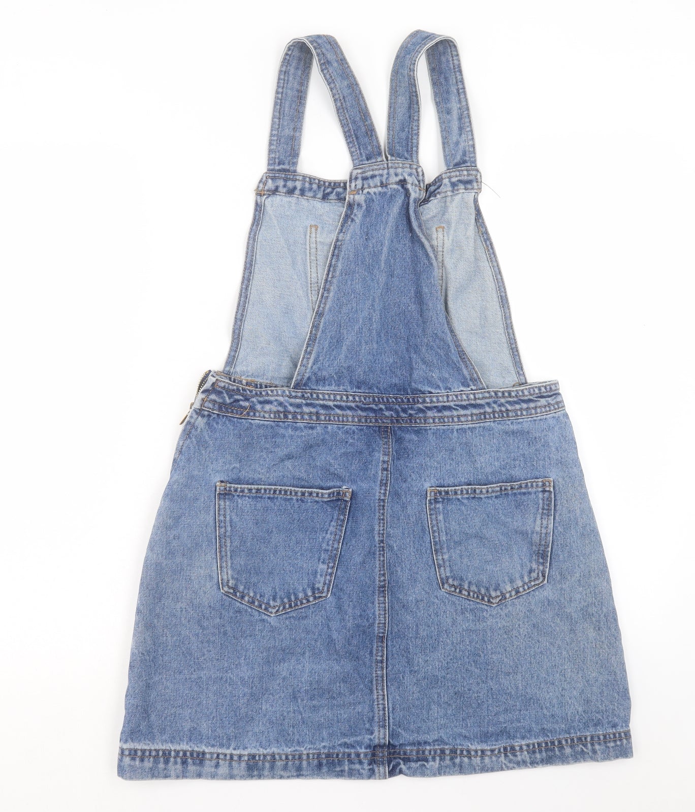 Denim & Co. Womens Blue Cotton Pinafore/Dungaree Dress Size 12 Square Neck Zip