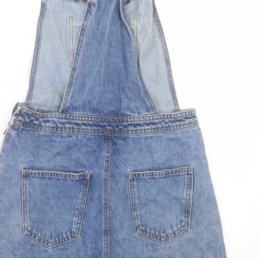 Denim & Co. Womens Blue Cotton Pinafore/Dungaree Dress Size 12 Square Neck Zip