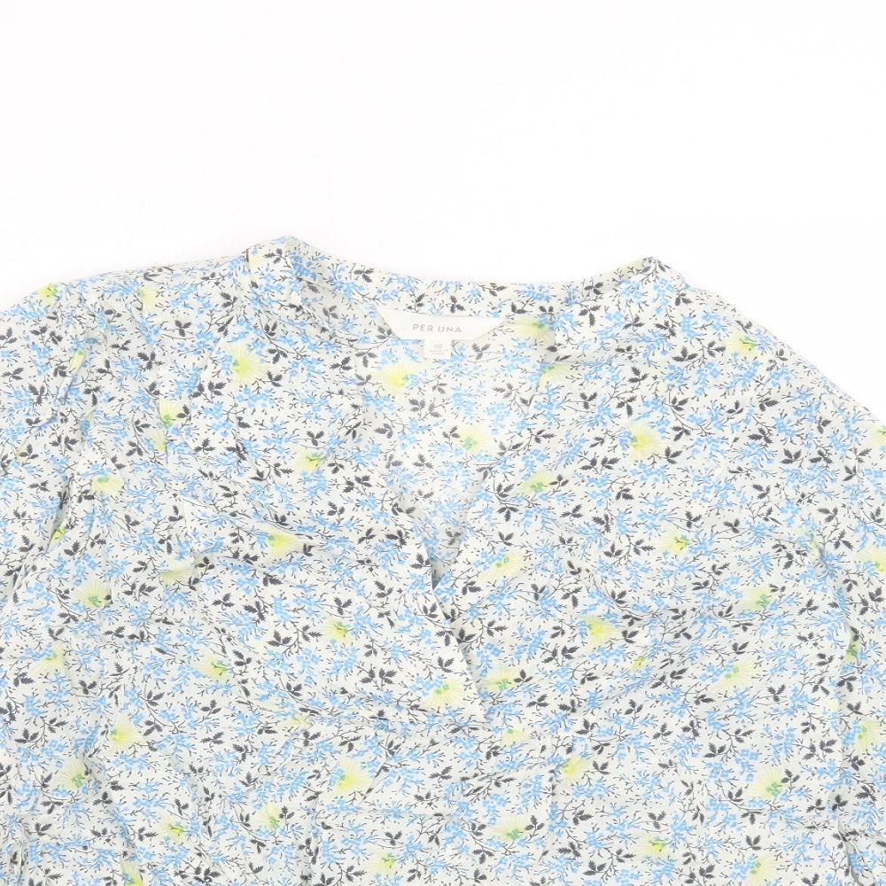 Per Una Womens Blue Floral Cotton Basic T-Shirt Size 10 V-Neck