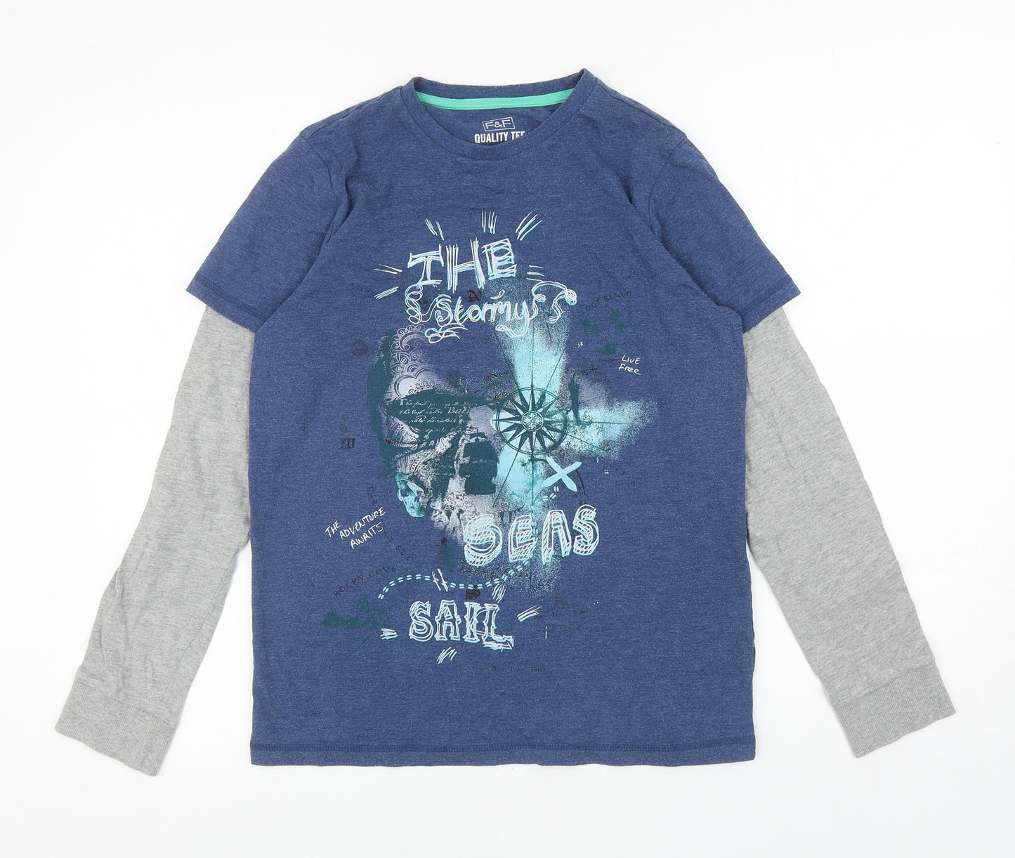 F&F Boys Blue Colourblock Cotton Basic Casual Size 12-13 Years Round Neck Pullover - The Stormy Seas Sail