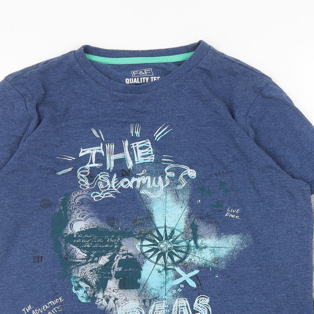 F&F Boys Blue Colourblock Cotton Basic Casual Size 12-13 Years Round Neck Pullover - The Stormy Seas Sail