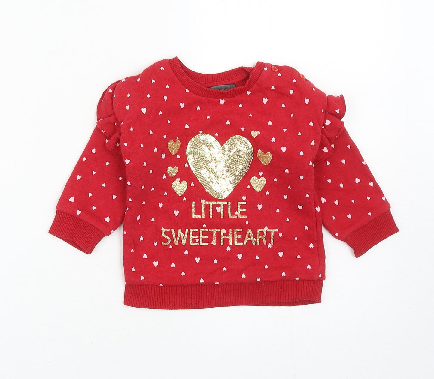 Primark Girls Red Geometric Cotton Pullover Jumper Size 6-9 Months Button - Little Sweetheart