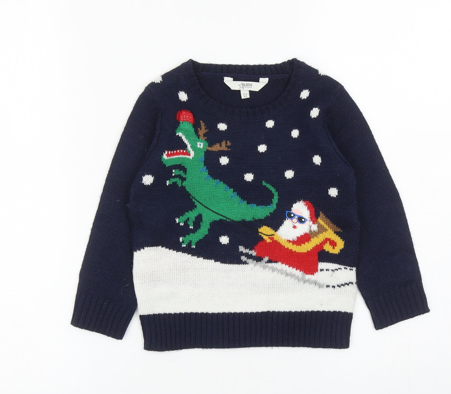 Peacocks Boys Blue Round Neck Acrylic Pullover Jumper Size 2-3 Years Pullover - Christmas Dinosaur
