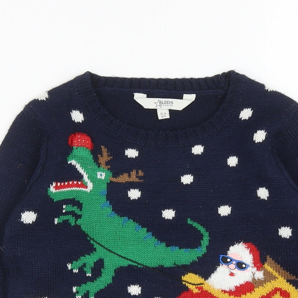 Peacocks Boys Blue Round Neck Acrylic Pullover Jumper Size 2-3 Years Pullover - Christmas Dinosaur