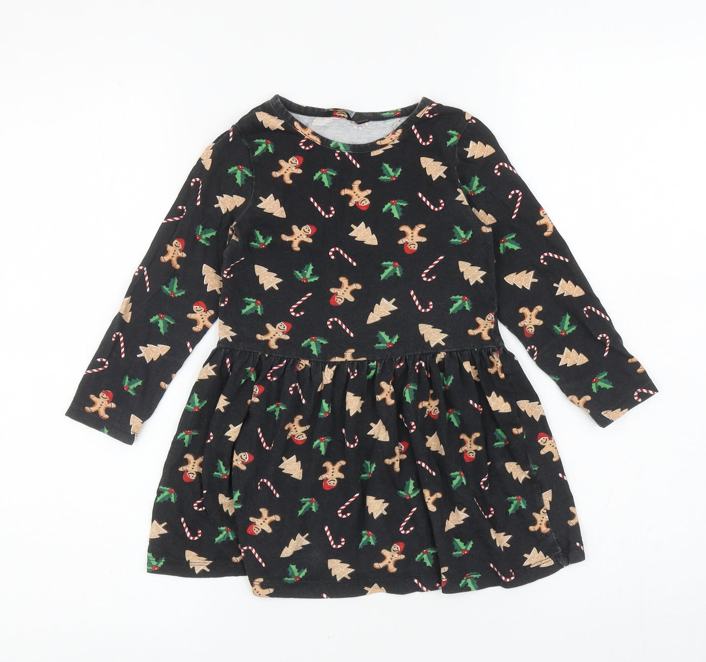 PEP&CO Girls Black Geometric Cotton Skater Dress Size 3-4 Years Boat Neck Pullover - Christmas