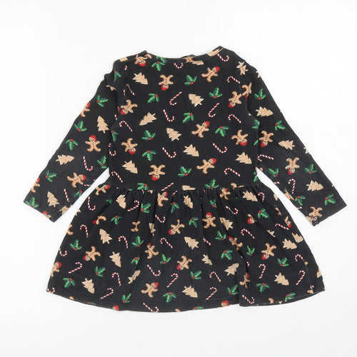 PEP&CO Girls Black Geometric Cotton Skater Dress Size 3-4 Years Boat Neck Pullover - Christmas
