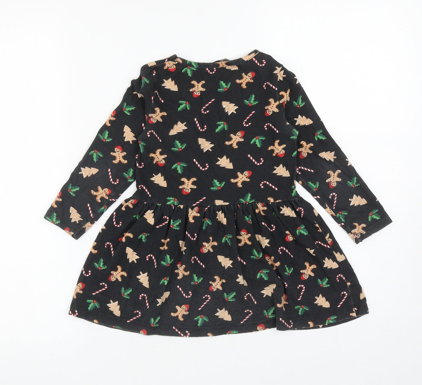 PEP&CO Girls Black Geometric Cotton Skater Dress Size 3-4 Years Boat Neck Pullover - Christmas