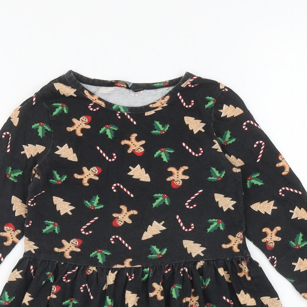 PEP&CO Girls Black Geometric Cotton Skater Dress Size 3-4 Years Boat Neck Pullover - Christmas