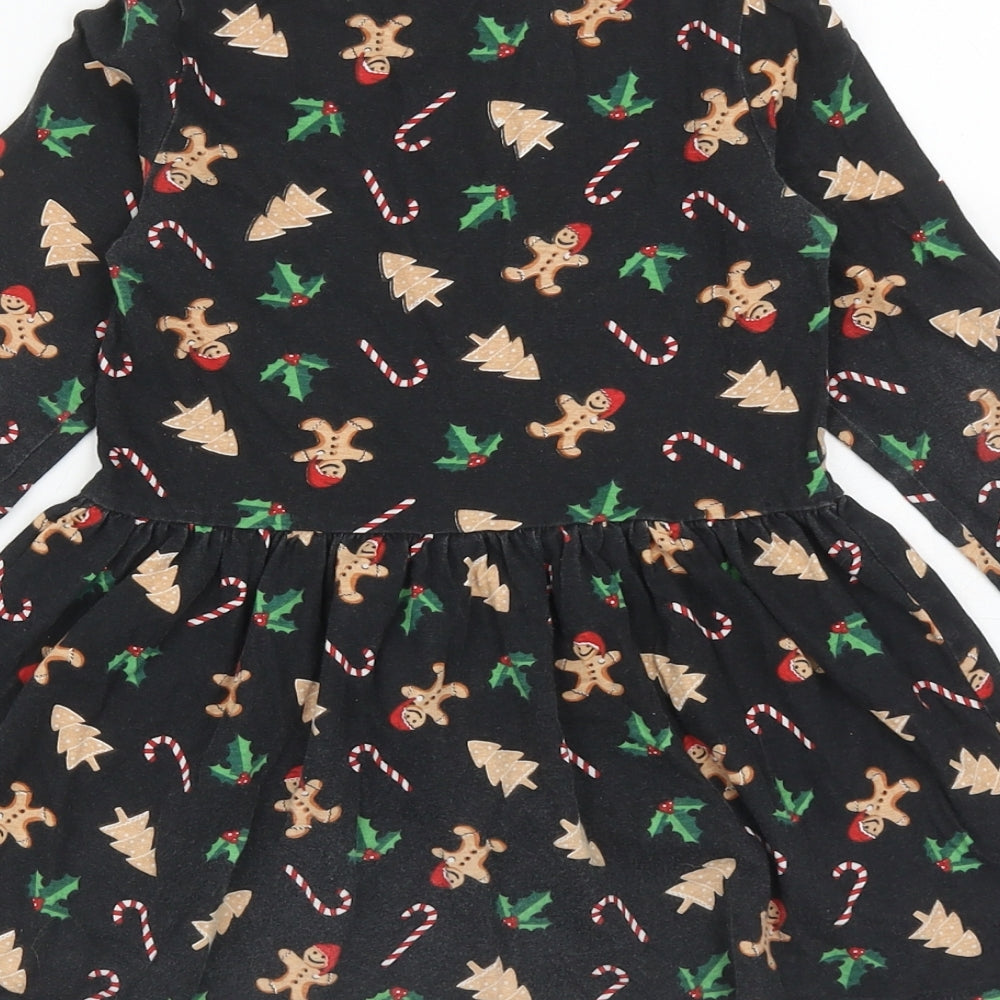 PEP&CO Girls Black Geometric Cotton Skater Dress Size 3-4 Years Boat Neck Pullover - Christmas