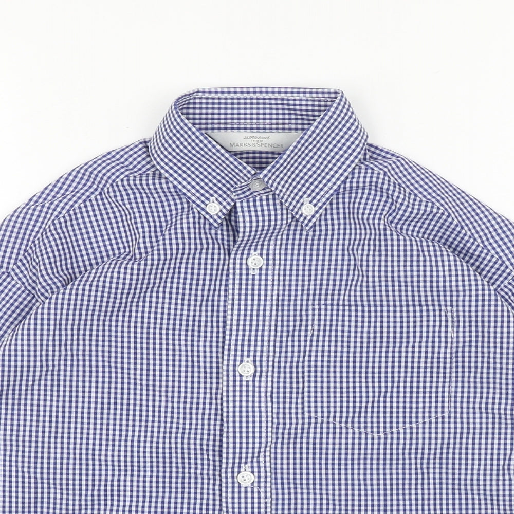 Marks and Spencer Boys Blue Gingham Cotton Basic Button-Up Size 5-6 Years Collared Button