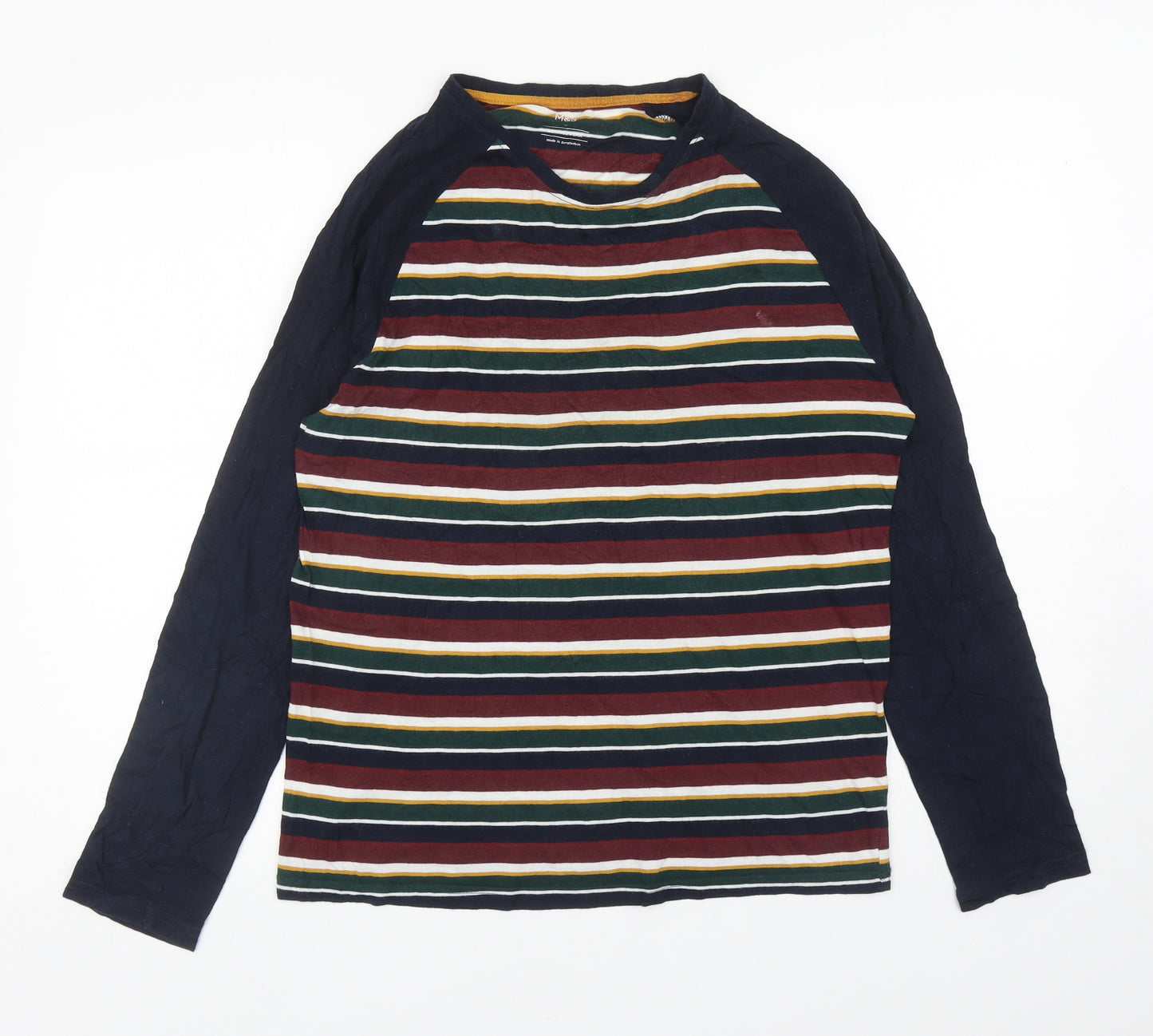 Marks and Spencer Womens Multicoloured Striped Cotton Ringer T-Shirt Size S Round Neck