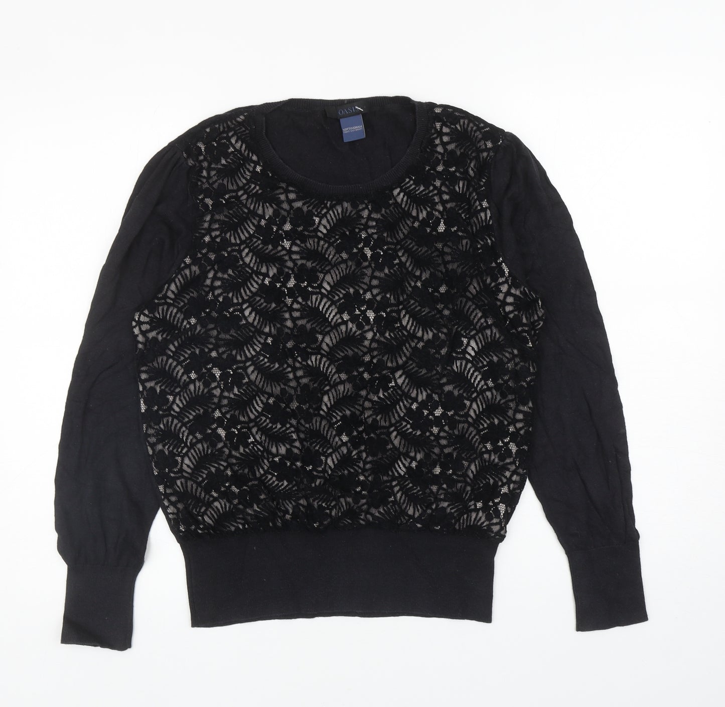 Oasis Womens Black Round Neck Floral Cotton Pullover Jumper Size L - Lace Front