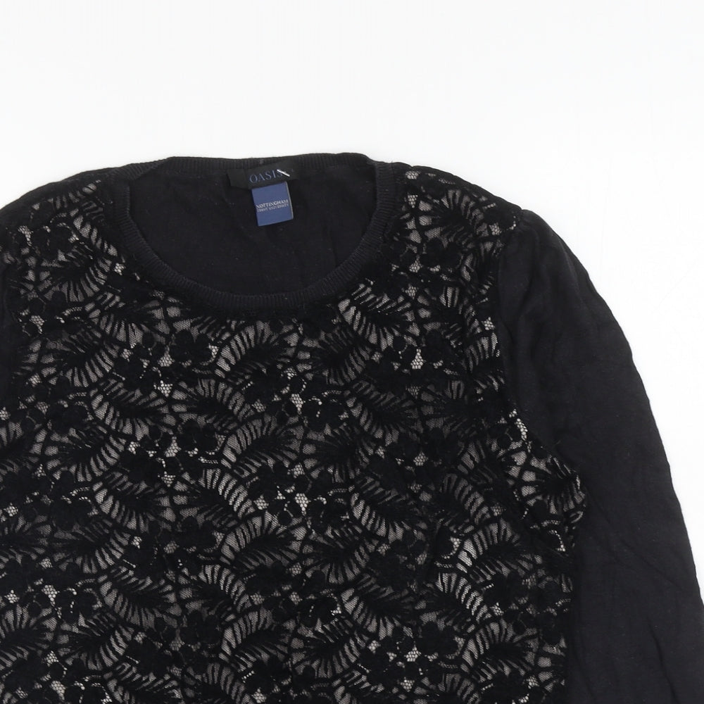 Oasis Womens Black Round Neck Floral Cotton Pullover Jumper Size L - Lace Front