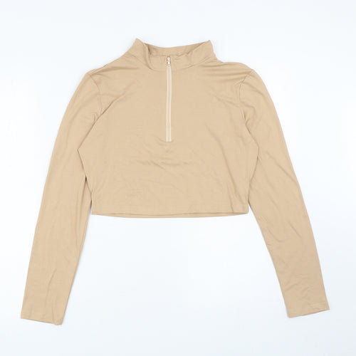 SheIn Womens Beige Polyester Cropped T-Shirt Size L Mock Neck