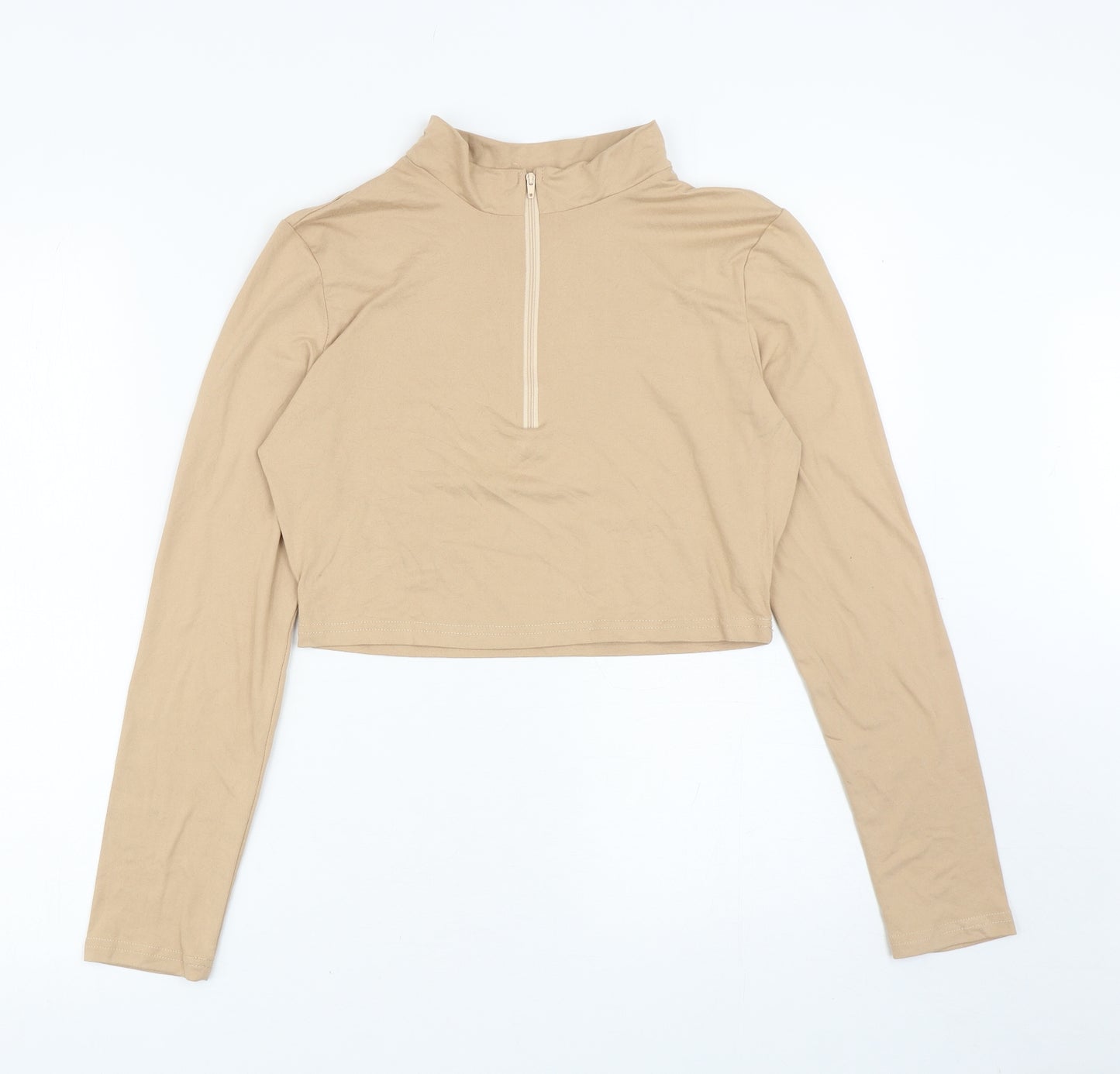 SheIn Womens Beige Polyester Cropped T-Shirt Size L Mock Neck