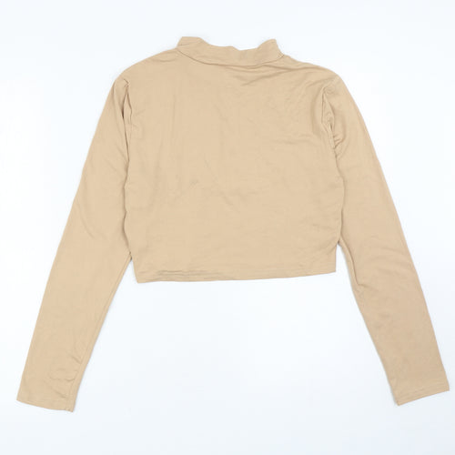 SheIn Womens Beige Polyester Cropped T-Shirt Size L Mock Neck