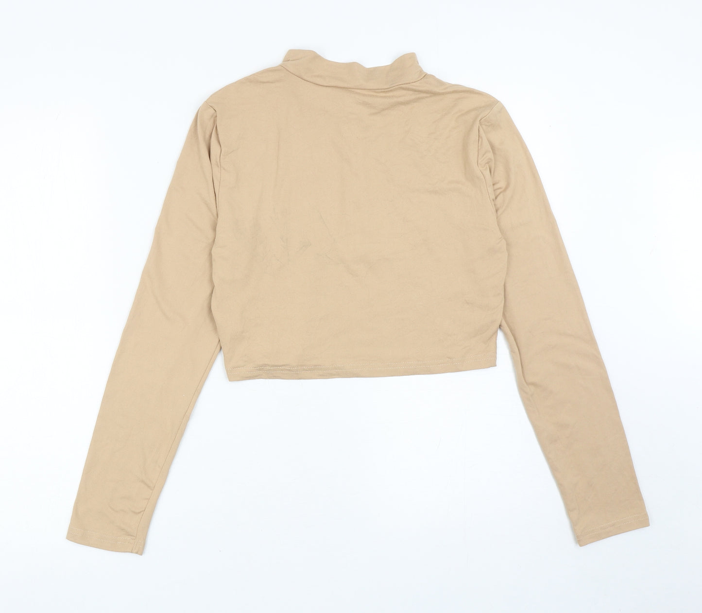 SheIn Womens Beige Polyester Cropped T-Shirt Size L Mock Neck