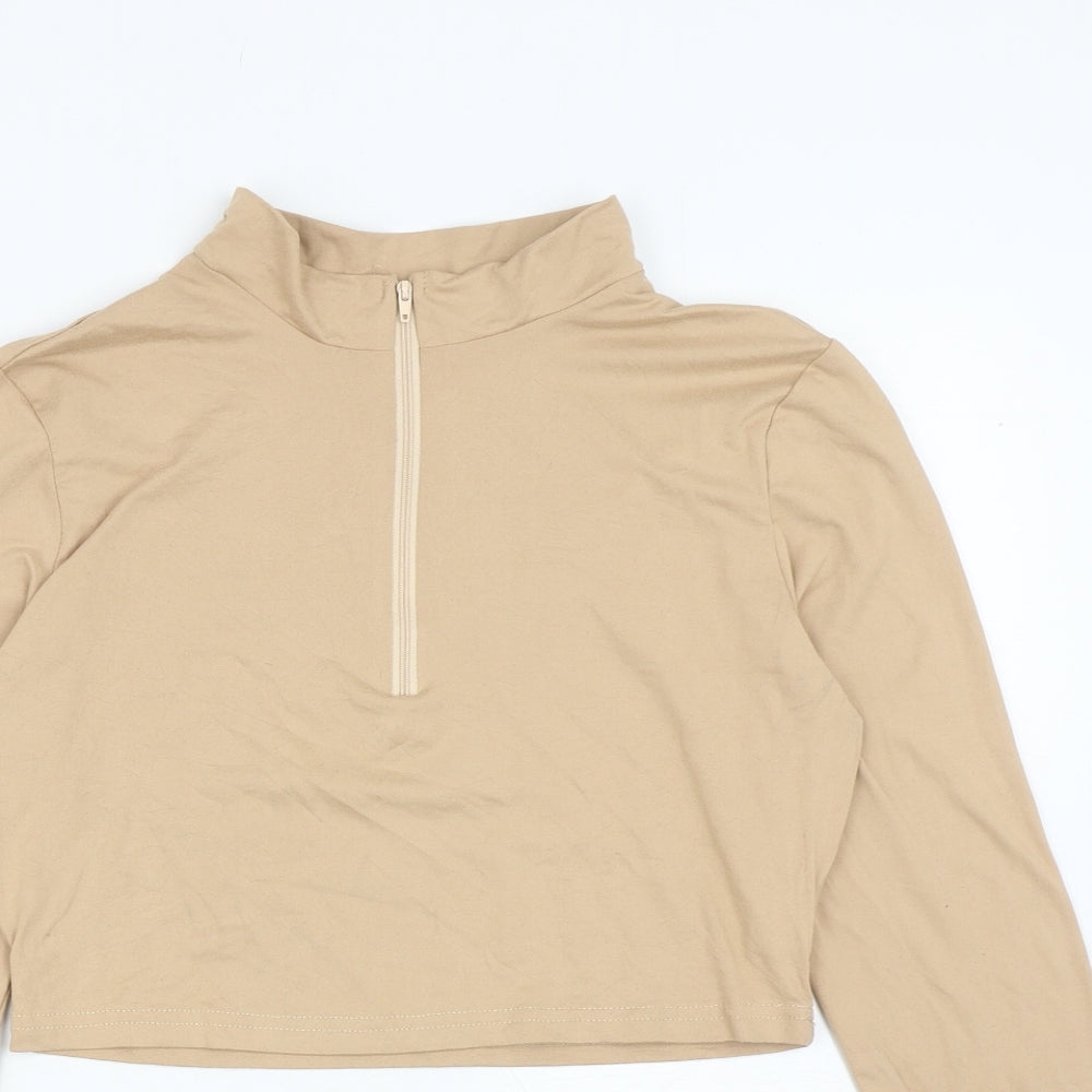 SheIn Womens Beige Polyester Cropped T-Shirt Size L Mock Neck