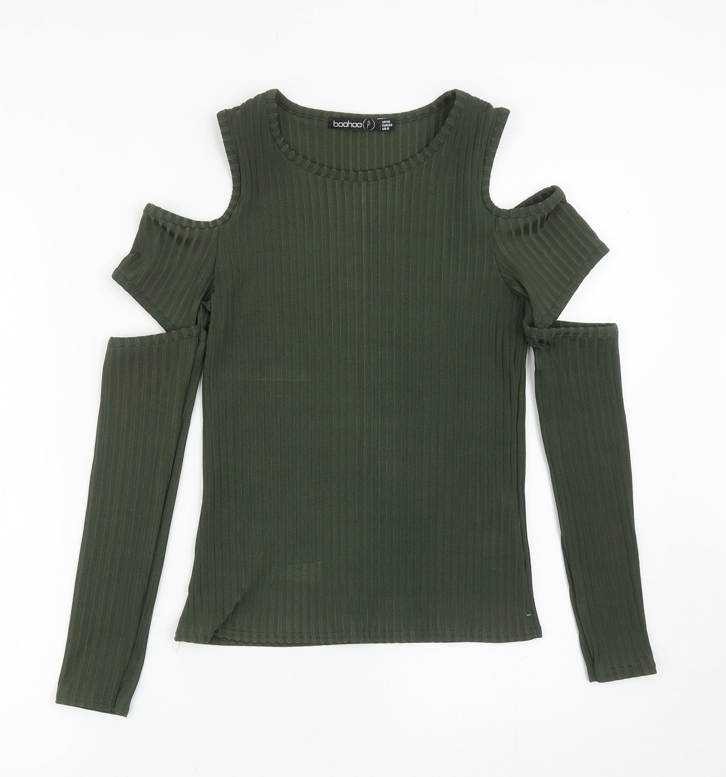 Boohoo Womens Green Polyester Basic Blouse Size 10 Boat Neck - Cut Out Sleeves