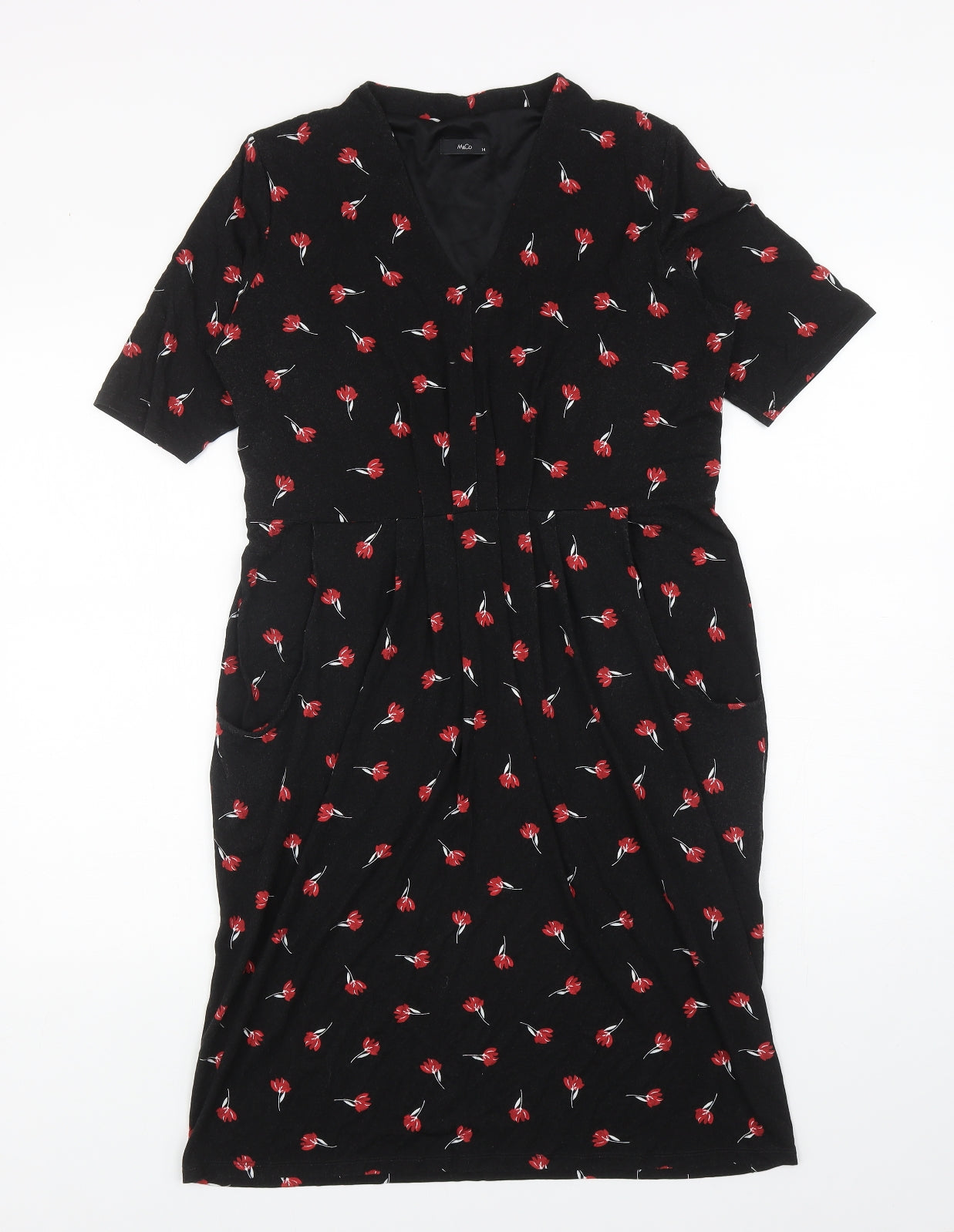 M&Co Womens Black Floral Viscose A-Line Size 14 V-Neck Pullover