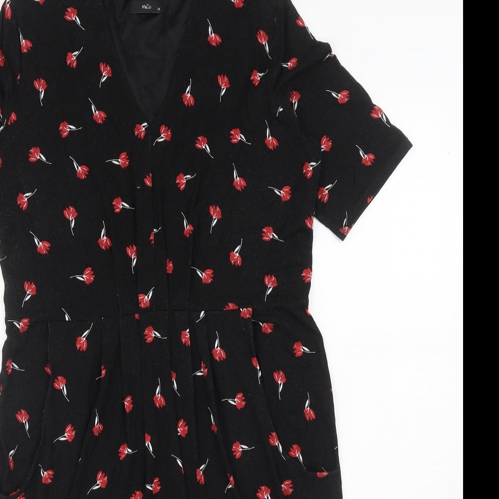 M&Co Womens Black Floral Viscose A-Line Size 14 V-Neck Pullover