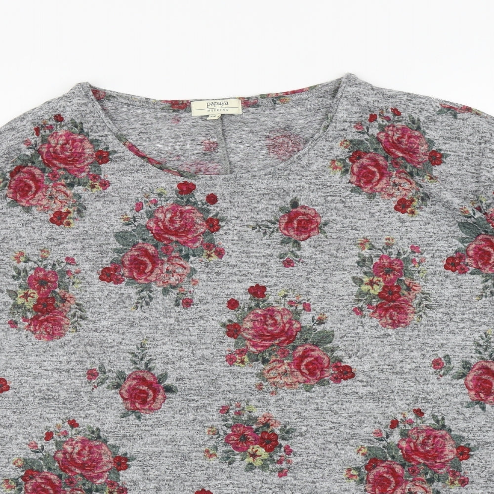 Papaya Womens Grey Scoop Neck Floral Polyester Pullover Jumper Size 14