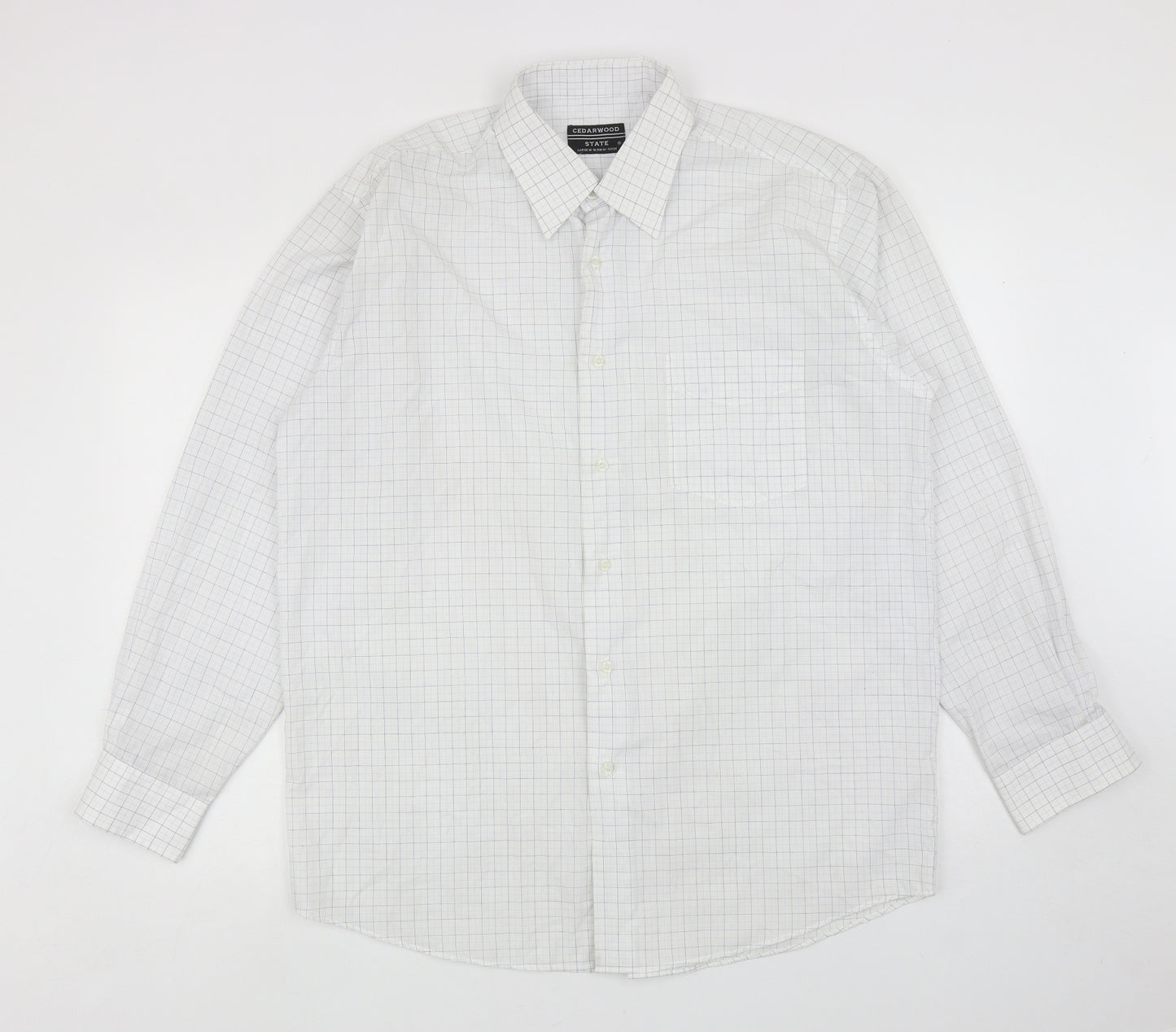 Cedar Wood State Mens White Plaid Polyester Button-Up Size L Collared Button