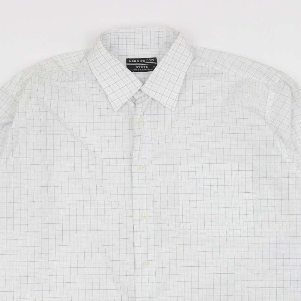 Cedar Wood State Mens White Plaid Polyester Button-Up Size L Collared Button