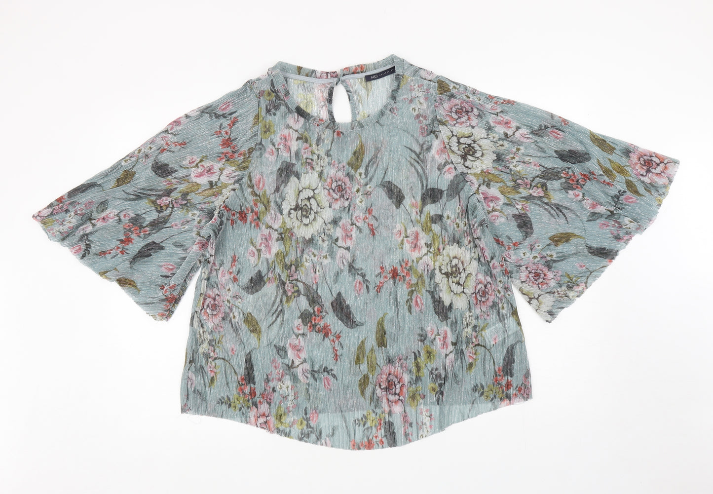 Marks and Spencer Womens Blue Floral Polyester Basic Blouse Size 20 Boat Neck