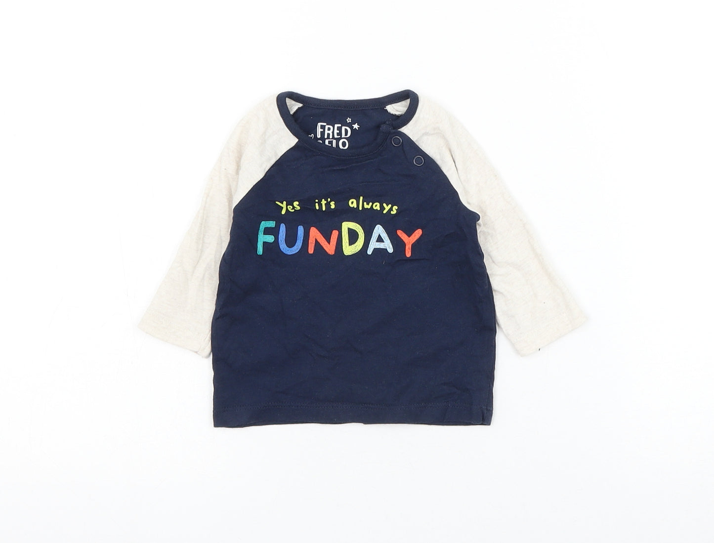 F&F Boys Blue Colourblock Cotton Basic T-Shirt Size 0-3 Months Round Neck Button - Funday
